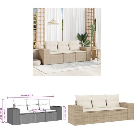Salon de jardin avec coussins 3 pcs beige résine tressée - Ensemble Salon De Jardin - Meuble De Jardin - Mobilier Extérieur - Résine Tressée - Rotin Synthétique - Home & Living (1/3)