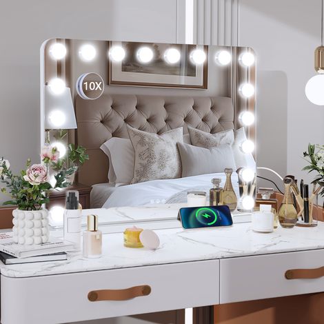 Puluomis – Miroir de maquillage LED 80x60cm – 18 ampoules – 3 couleurs de lumière – Tactile – Grossissant 10X – Installation murale ou de bureau (1/5)
