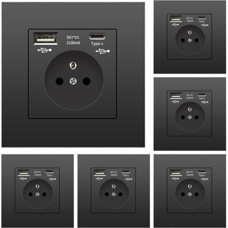 Lot de 6 Prises Murales Encastrées EU USB-C/USB-A 16A 2500W ABS Ignifuge Noir 86x86mm