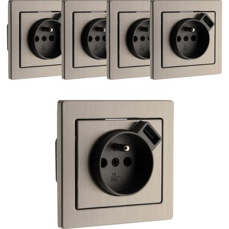 Lot de 5 prises 2P+T + USB encastrable Inox Art'Flat - Zenitech (1/5)