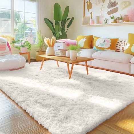 Tapis Moelleux à Poils Longs - Dessous antidérapant - Lavable - pour Le Salon, la Chambre d'enfant, la Chambre à Coucher - 60 x 100 cm, Ivoire (1/5)