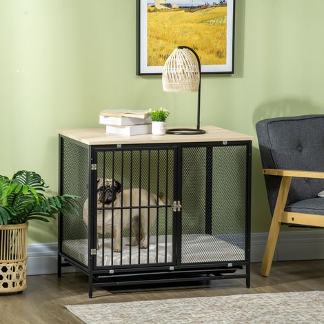 Cage chien plateau table niche avec coussin, tiroir amovible chenil, maison chien Chêne Noir, 80x55x71 cm