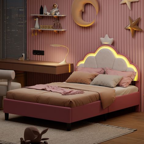 BSMGSGN-Lit pour Enfant rembourré 140x200cm, Lit de Princesse en Forme de Couronne avec LED, lit Simple/Double pour Fille tête de réglable en Hauteur et sommier à Lattes, sans Matela (1/5)