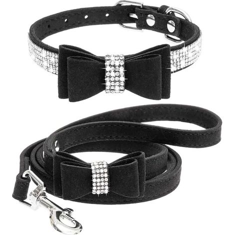 Collier pour Chien avec Laisse Ensemble Colliers et Laisses pour Animaux de Compagnie Réglable Chien Chat Strass Bowknot Cristal Bling Collier de Chien pour Petits Chiens Chiens Moyens