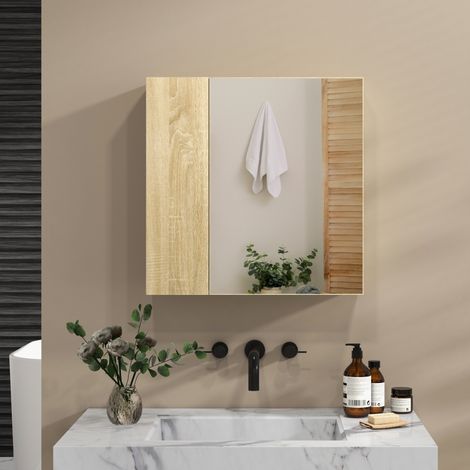 Meuble de salle de bain Kleankin avec miroir et 4 étagères intérieures, en panneaux de particules, 60 x 15 x 60 cm, couleur bois