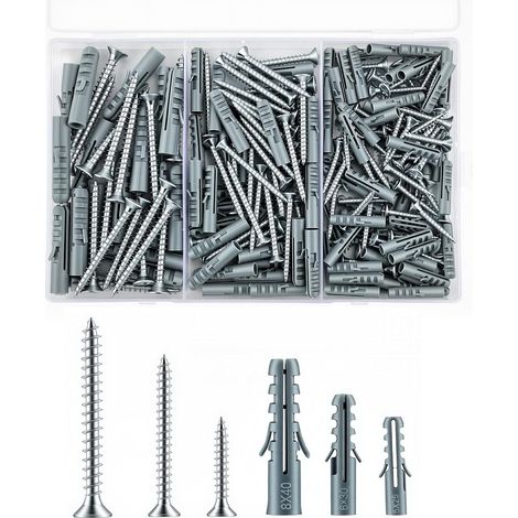 Lot de 212 vis autotaraudeuses pour plaques de plâtre, vis à béton avec jeu de chevilles, vis à percussion, vis pour plaques de plâtre et chevilles pour mur en béton, brique de maçonnerie (1/5)