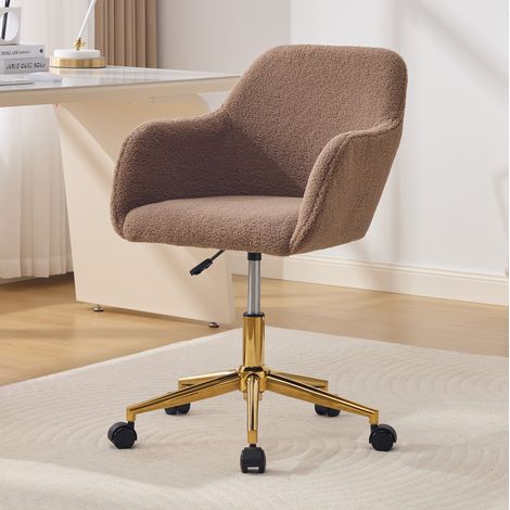 Fauteuil de bureau pivotant 360° réglable en hauteur, base dorée à roulettes, chaise de coiffeuse tissu bouclette teddy marron (1/5)