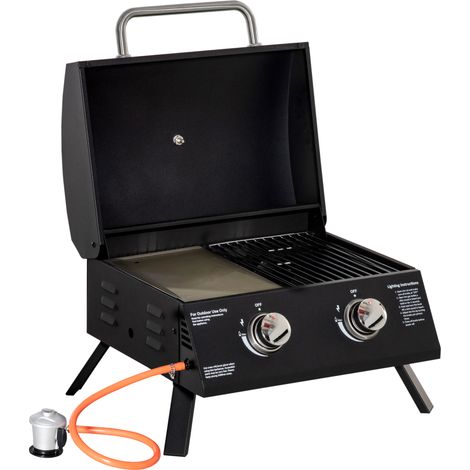 Beyamis Klappbarer Tisch-Gasgrill mit 2 Brennern, tragbar, mit Deckel aus Kohlenstoffstahl, ideal für Camping, Picknick, Garten und Outdoor-Aktivitäten, 55 x 46,5 x 41 cm, Schwarz