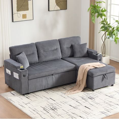 Canapé-lit 3 places 212,5/136/86 cm gris carbone en velours côtelé avec méridienne et USB-C (1/5)