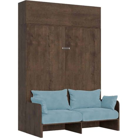 Lit double escamotable Kentaro 160 cm avec canapé et élément mural en noyer, bleu clair