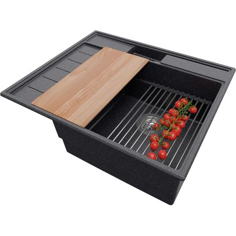 PRIMAGRAN Evier Cuisine en Granit 62x53cm, Lavabo 1 bac + Kit de Vidage + Accessoires, Évier à Encastrer au meuble 45cm - Sydney Pocket, Graphite (1/5)