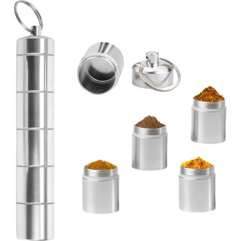 5-in-1 Spice Box, Mini Spice Jars with Keychain, Mini Salt Shaker for Travel, Portable Aluminum Alloy Spice Containers, for Camping, Hiking, Picnics, BBQs (1/5)
