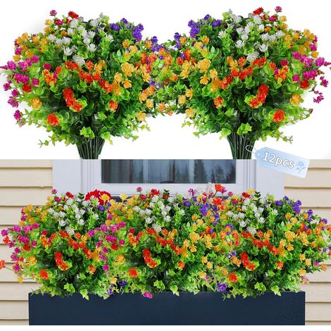 12 Stück Kunstblumen Draußen, Künstliche Blumen wie echt, Künstliche Pflanzen Blumen Wetterfest, Fake Blumen, Deko Plastik Blumen für Balkon Garten Balkonkasten Außen Innen 6 Farben (1/5)