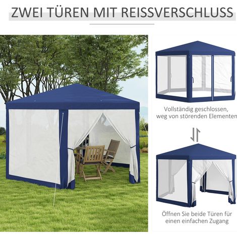Pavillon de jardin hexagonal, 3,94x3,412x2,5m, armature métallique, rideaux filet bleus (1/4)