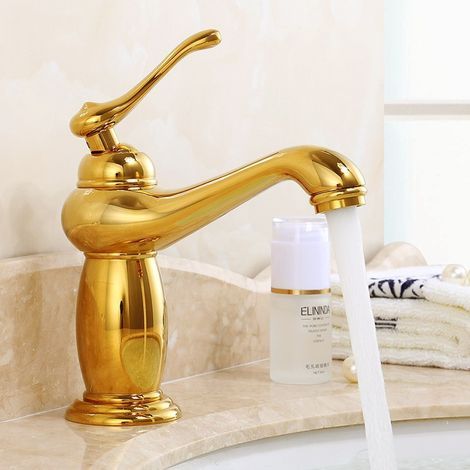 Robinet mitigeur de salle de bain en laiton massif - Robinet de salle de bain doré - Mitigeur monocommande - Eau chaude et froide (1/3)