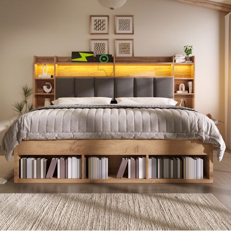 lit adulte rangement 160x200 bois LED mobile USB grand HAVRYA (1/5)
