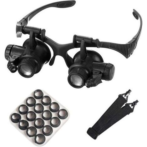 Loupe de bijoutier avec éclairage LED et 8 lentilles interchangeables (2,5x/4x/6x/8x/10x/15x/20x/25x) pour travaux rapprochés, électronique, cils, artisanat, bijoux et réparation. (1/4)