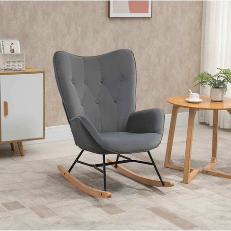 Sedia a dondolo in poliestere grigio scuro, base in metallo e legno, 65 x 70 x 96 cm (1/5)
