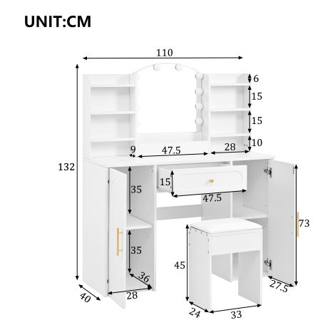 Grande coiffeuse avec éclairage LED réglable – Miroir et tabouret, blanche, dimensions 110 x 40 x 132 cm – Idéale pour chambre (1/5)