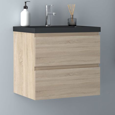 60 cm Badmöbel Set Unterschrank Badezimmer Badezimmermöbel 2 Schubladen Eiche Matt soft close Selbstmontierter Unterschrank mit Schwarz Mineralguss waschtisch (1/5)