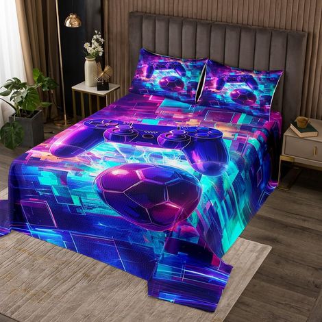 Jeux Couvre-Lit 260x240 Console de Jeux Enfants Dessus de Lit Garçons,Jeu de Football Couverture Set 3D Géométrique Néon Cube Quilting,Décoration de Salle de Jeux pour Garçons - 260x240cm (1/5)