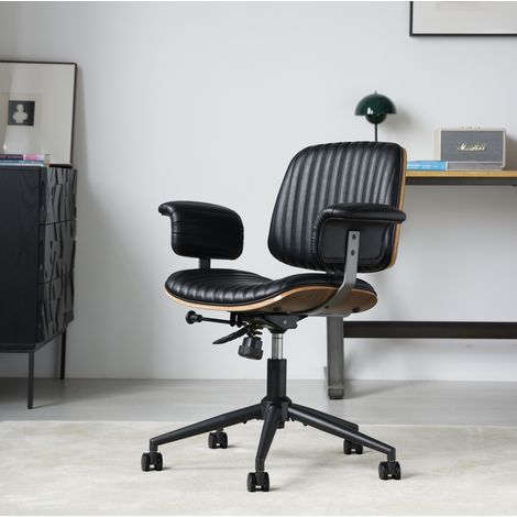 Silla de oficina giratoria de PU, regulable en altura, con ruedas, negra DESVIAE (1/5)