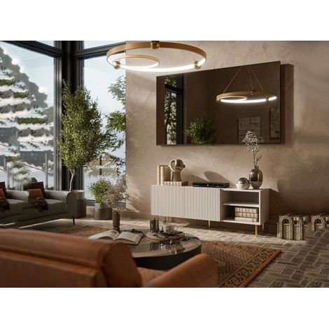 Mobile porta TV Magnano, Madia da salotto con quattro ante battenti, Rialzato da terra, 150x42 h52 cm, Beige (1/4)