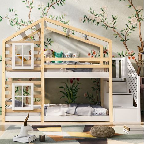 Litera infantil 90 x 200 cm estilo cabaña con almacenamiento y 2 somieres, natural y blanco HAVRYA (1/5)