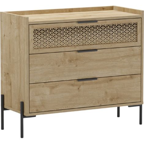 Commode 3 tiroirs dont 1 sculpté en mélaminé imitation bois clair piètement métal noir. - MELISSA