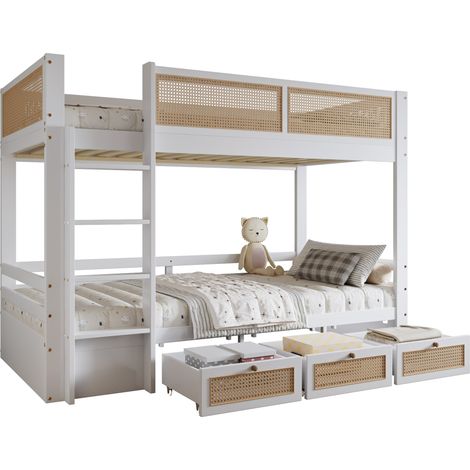 Lit superposé enfant 90x200 cm blanc et bois clair avec 3 tiroirs sur roulettes, barrières de sécurité, échelle 4 marches et sommier à lattes – CHICFURN (1/5)