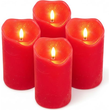 4 x LED Kerzen Hellrot Ø 7,5 x 15 cm – Flammenlose Echtwachskerzen mit Timer & schwarzem Docht - LED-Stumpenkerzen für Advent, Grablicht & Tischdeko - Batteriebetrieben (1/5)
