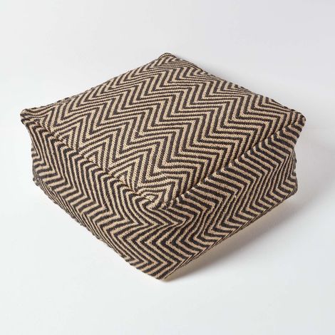 HOMESCAPES Black and Cream Chevron Pattern Large Square Pouffe (1/3)