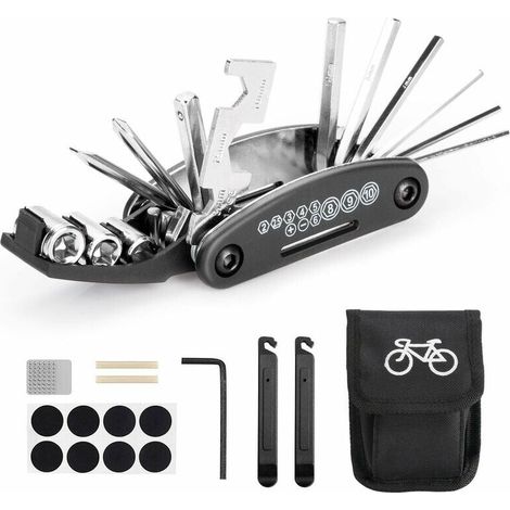 RHG Outil multifonction de vélo, outils 16 en 1 pour sac d'outils portables de vélo avec outil à chaîne et levier de correction de pneu, patch de vélo auto-adhésif, etc. (1/5)