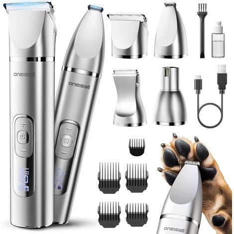 Kit de Tondeuse Chien 4 en 1, Tondeuse Patte Chien entre Coussinets, Silencieuse<49db Tondeuse pour Chien, Tondeuse Animaux Sans Fil, PattesCorpYeuxOreillesVisage (Argent) (1/5)