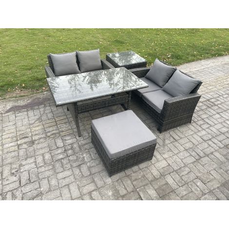 Fimous Ensemble de meubles de jardin en rotin  Table à manger rectangulaire Grands Tabouret Table d'appoint Gris foncé mélangé (1/5)