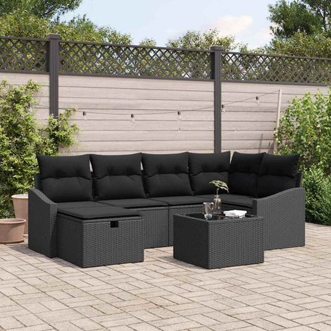 Salon de jardin 7 pièces avec rangement en polyrotin noir, coussin et table - PANGIVO (1/5)