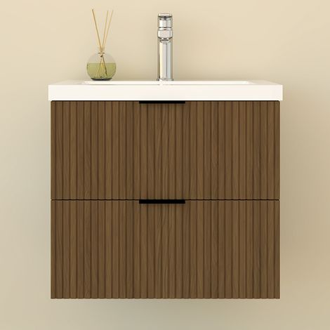 Aica Meuble de Salle de Bain suspendu 60 cm Noyer - Avec 2 tiroirs + vasque (1/5)