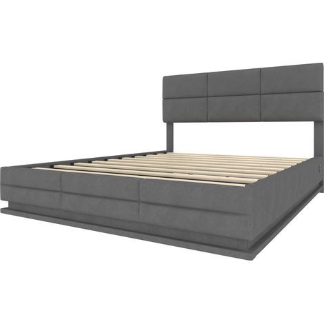 Cama con almacenaje 180x200 cm de terciopelo gris con LED, USB y cabecero ajustable (1/5)