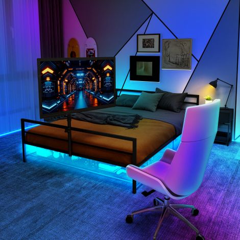 Lit noir avec supports réglables, éclairage LED et paniers de rangement sous le lit  grand lit en métal, longueur de 206 cm. (1/5)