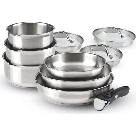 Batterie de Cuisine à Induction 10 Pièces - Set de 3 Casseroles, 3 Poêles et 3 Couvercles Passoires avec Poignée Amovible - Acier Inoxydable - Lot pour Tout Feu - Argenté (1/5)