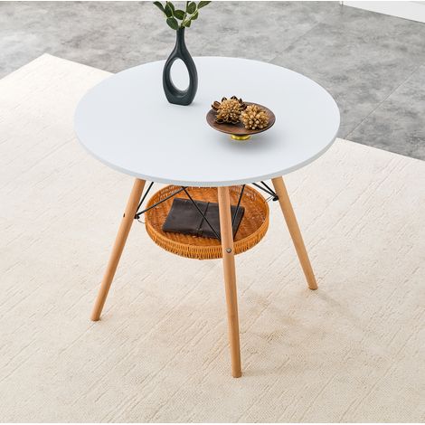 Mesa de comedor redonda Ø 80 cm en blanco y madera con cesta colgante (1/5)