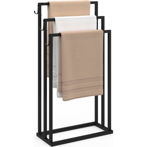 Idmarket – Porte-serviettes sur pied 3 niveaux métal noir – Dimensions 45x21x85cm – 3 crochets – Design industriel pour salle de bain