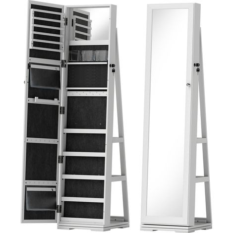 Armoire à bijoux pivotante verrouillable avec miroir, coffre à bijoux multi-rangement en bois blanc. (1/5)