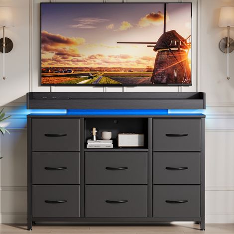 Commode 8 tiroirs en tissu avec LED RGB et station de charge, chiffonnier de rangement avec prises USB Type-C, meuble de chambre dressing salon, cadre métal, plateau bois, 108 cm – Noir (1/5)