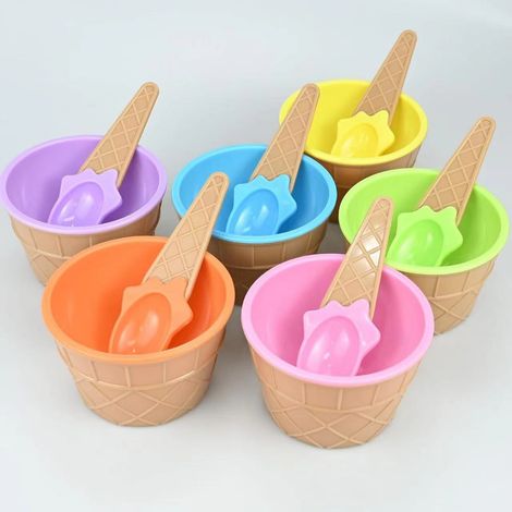 Set mit 12 bunten Eistüten-Dessertschalen mit Löffeln – kinderfreundliche Eisbecher aus robustem Kunststoff, geeignet für Eis, Joghurt und Süßigkeiten (1/5)
