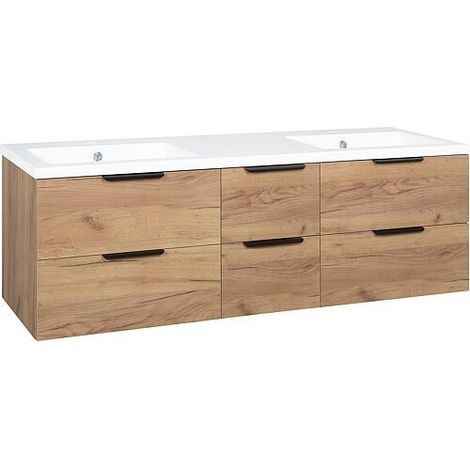 Meuble sous-vasque + lavabo en fonte minérale LOSSA 6 tiroirs coulissants chêne noueux Cortina largeur 1550 mm (1/4)