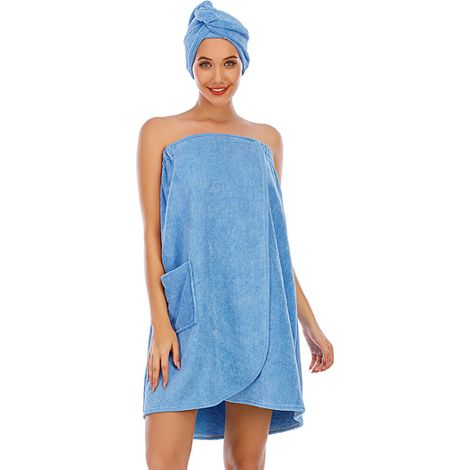 Peignoir de spa pour femme, serviette pour les cheveux et le corps, fermeture ajustable, bleu
