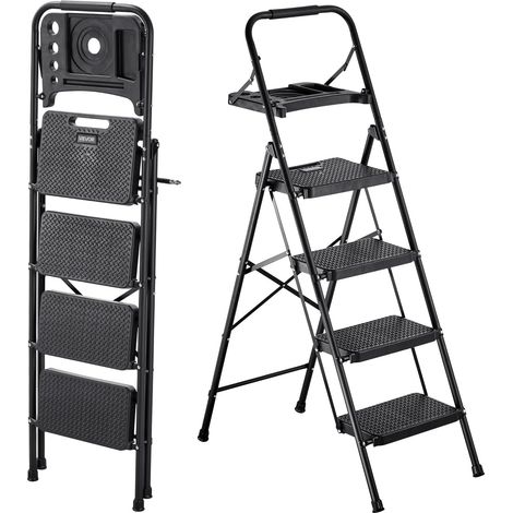 Escabeau Pliant 4 Marches Marchepied Pliable Charge 272 kg Échelle Domestique Acier pour Cuisine, Bureau, Travaux Ménagers, avec Large Marche Antidérapante, Plateau Porte-Outils, Poignée, Noir (1/5)