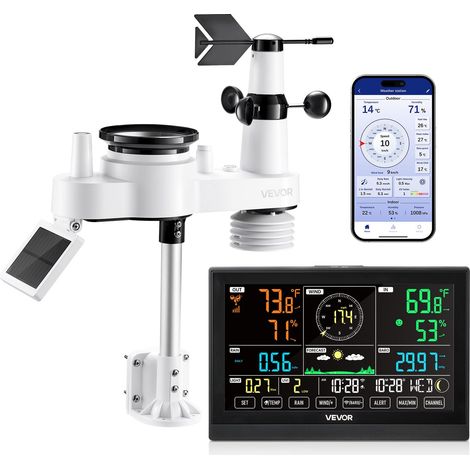 VEVOR Stazione Meteorologica Wi-Fi con APP, Display VA da 190 mm, Sensore Esterno Wireless Alimentato a Energia Solare, Pluviometro, per Interni ed Esterni per Previsioni del Tempo Temperatura (1/5)