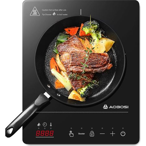 Aobosi Induktionskochfeld 1 Platte,Induktionskochplatte mit Booster-Funktion, 20 Leistungsstufen und Temperaturstufen,Kompakte Größe,2000W Tragbares Induktionskochfeld,10H-Timer,Schwarz (1/5)